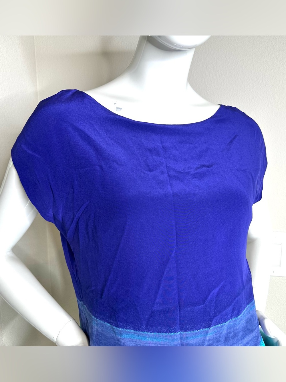 Trina Turk 100% Silk Shift Dress Blue Teal Abstract Print Lined Made USA Size 6 - Picture 3 of 11